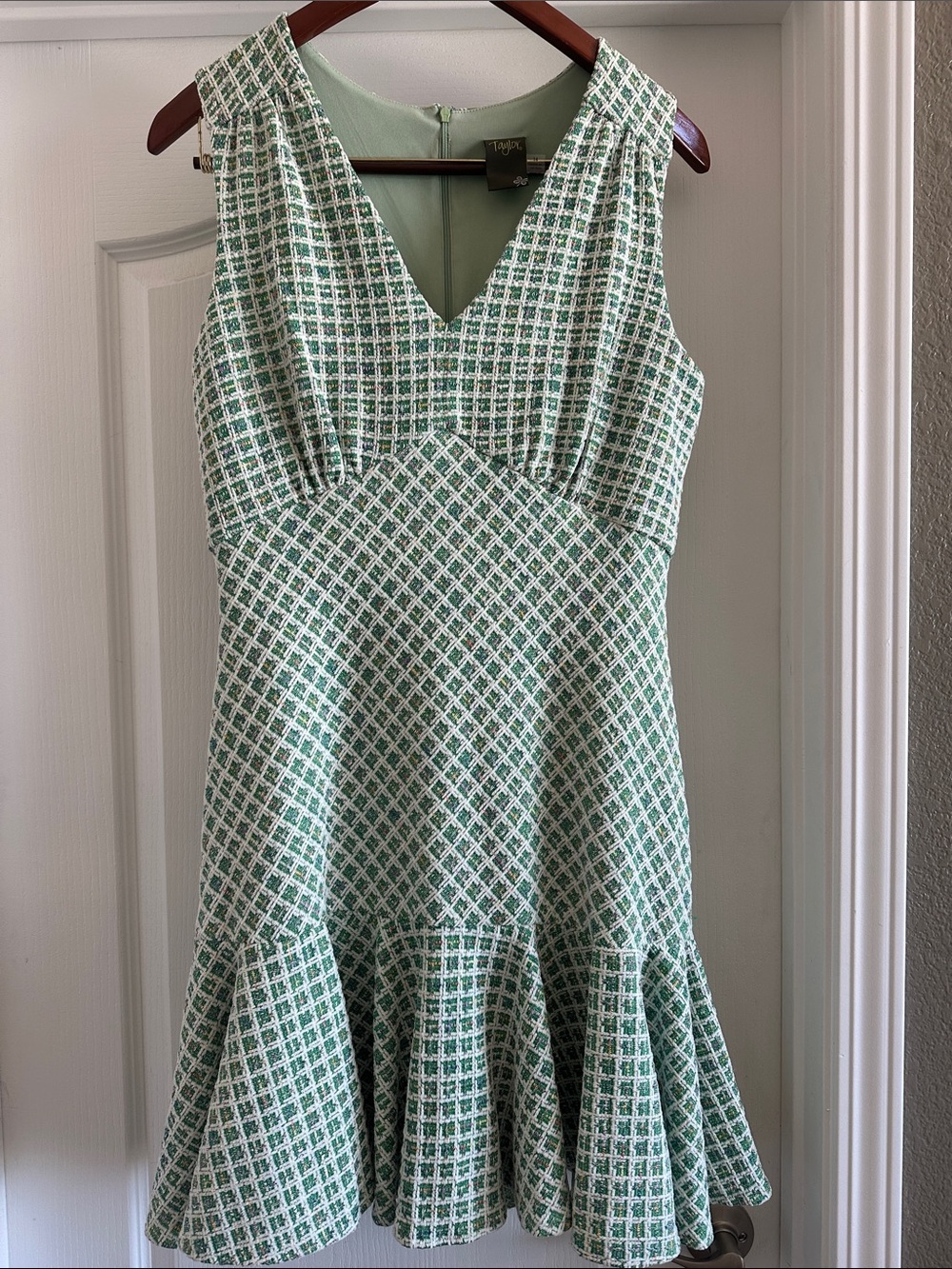 Taylor Green & White Textured Fit & Flare Dress